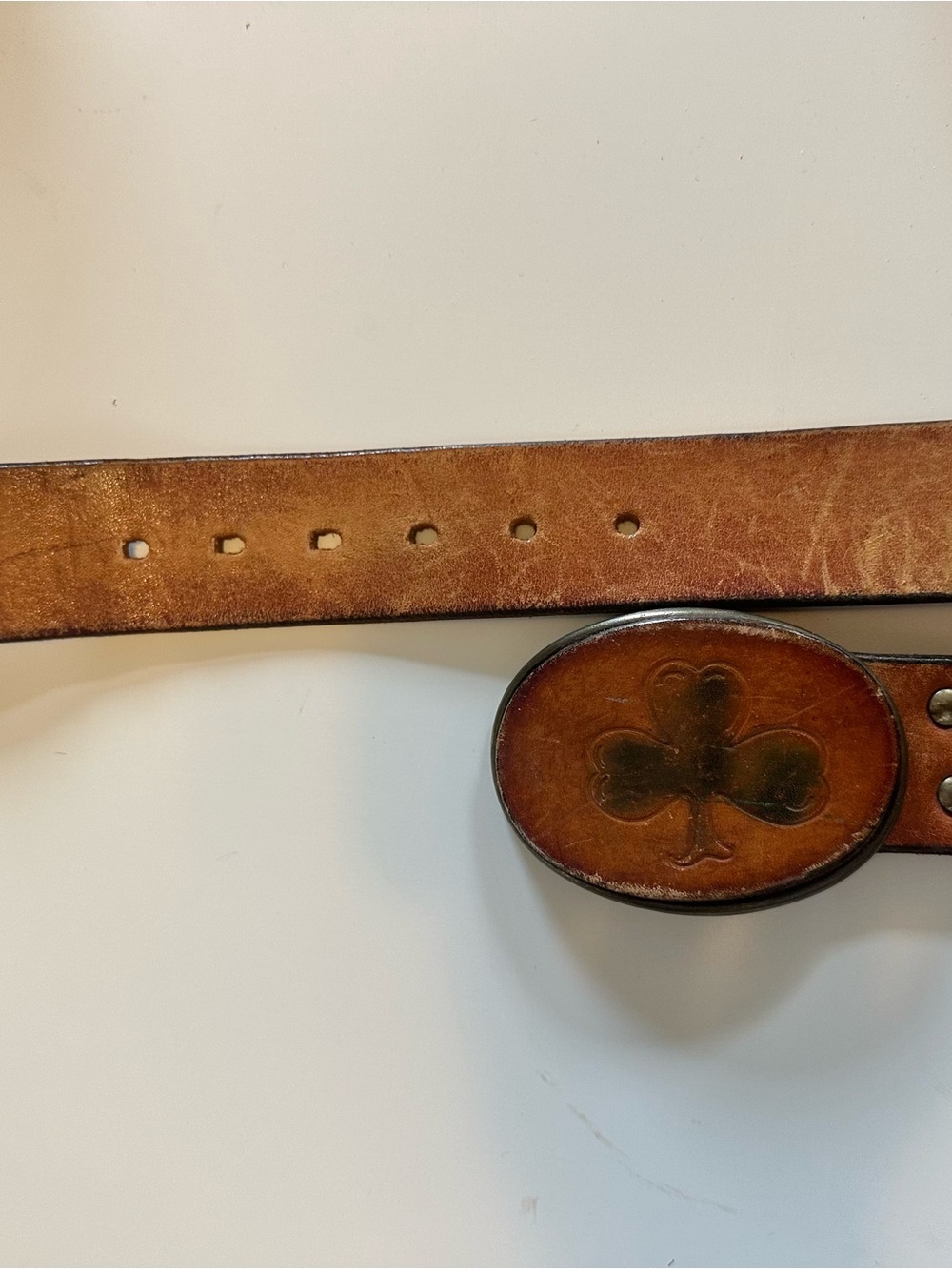 Vintage Brown Leather Men's Belt with Clover Buckle
